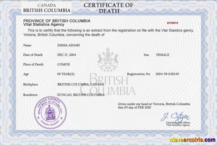 Canada vital record death certificate